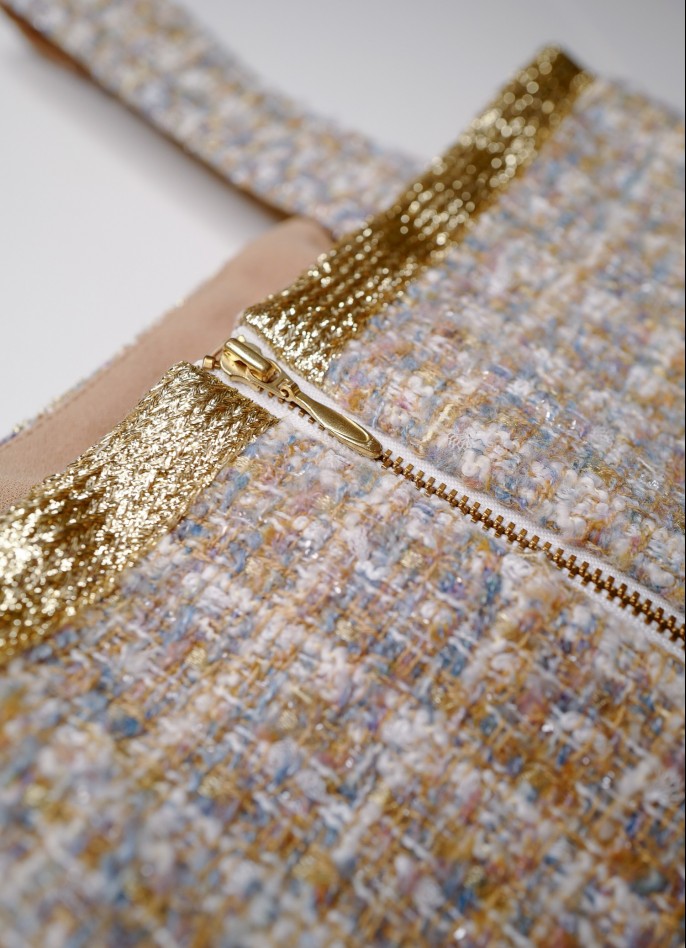 LIGHT BLUE GOLD-TRIM BOUCLÉ CROP TOP